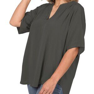 Zenana PLUS WOVEN SPLIT NECK SHORT SLEEVE TOP - Ash Grey - NIP